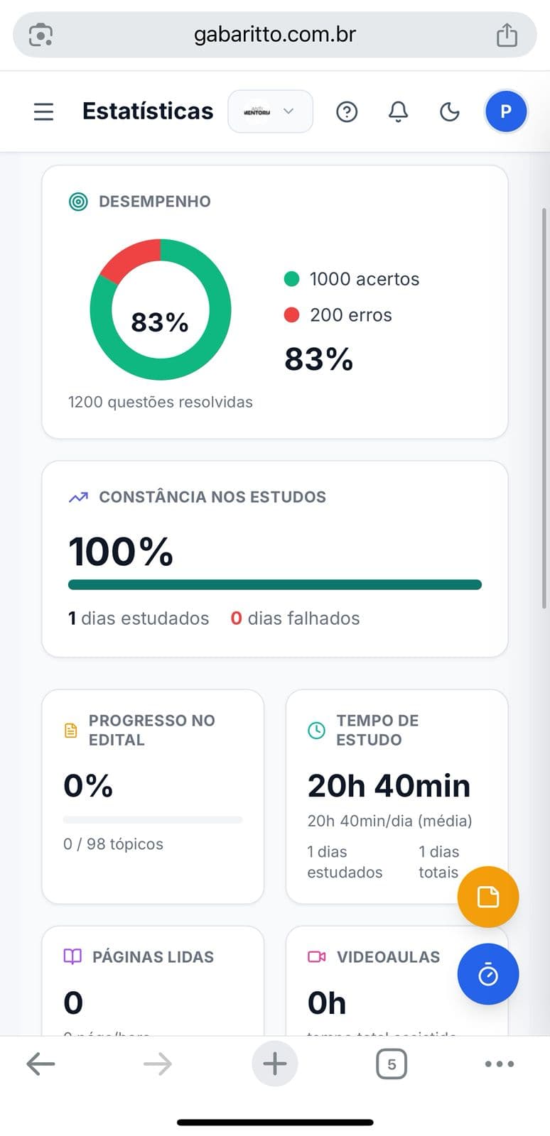 Gabaritto no celular — interface mobile da plataforma de estudos com planejamento e revisões